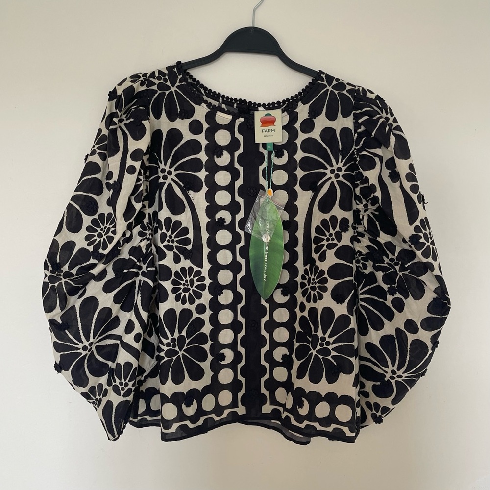 NWT Farm Rio Palermo Anthropology Black & White Floral Puff-Sleeve Women's Top - Picture 6 of 13